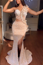 Stunning Long Mermaid Sweetheart Front Slit Prom Dress with Beaded Flowers